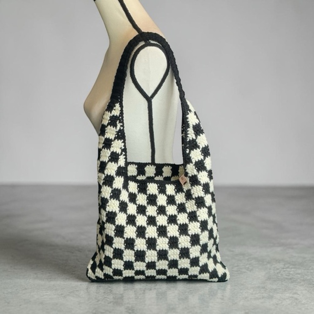 Handmade Black & Off-White Checker Checkerboard Crochet Shoulder Tote Bag